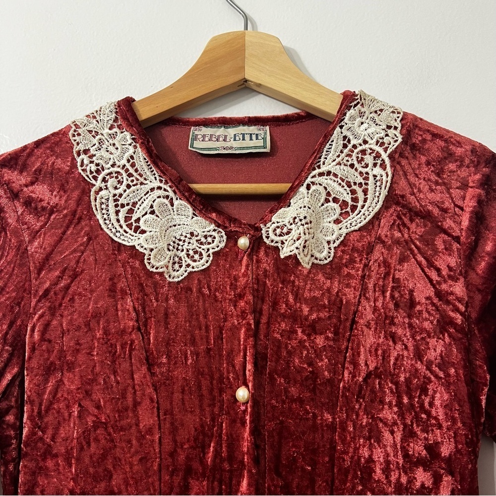 Vintage XS Red Crushed Velvet Midi Dress Victorian Whimsigoth Fairy Grunge 70s - Picture 5 of 11